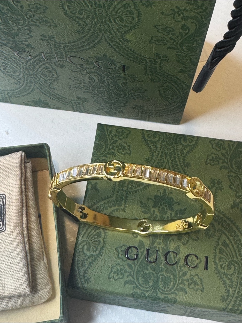 Gucci Gold Bracelet with Clear Baguette Crystals and Interlocking Gs - Picture 2 of 7